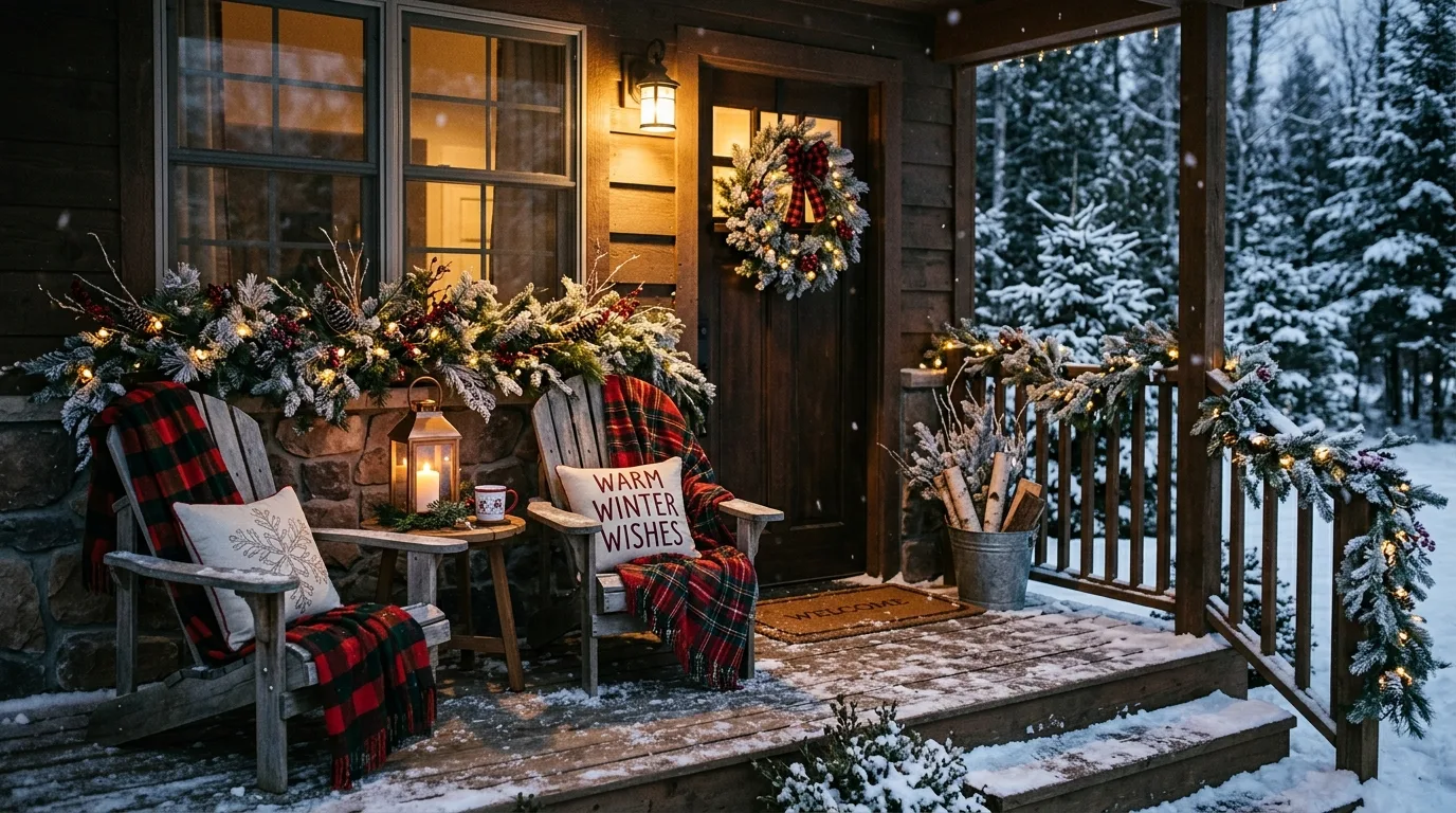 Bring in mini trees to frame the doorway beautifully inspiration for a Christmas porch.
